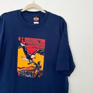 [Harley Davidson] Vintage Y2K Blue Crew Neck Motorcycle Eagle Graphic Tee Sz XL